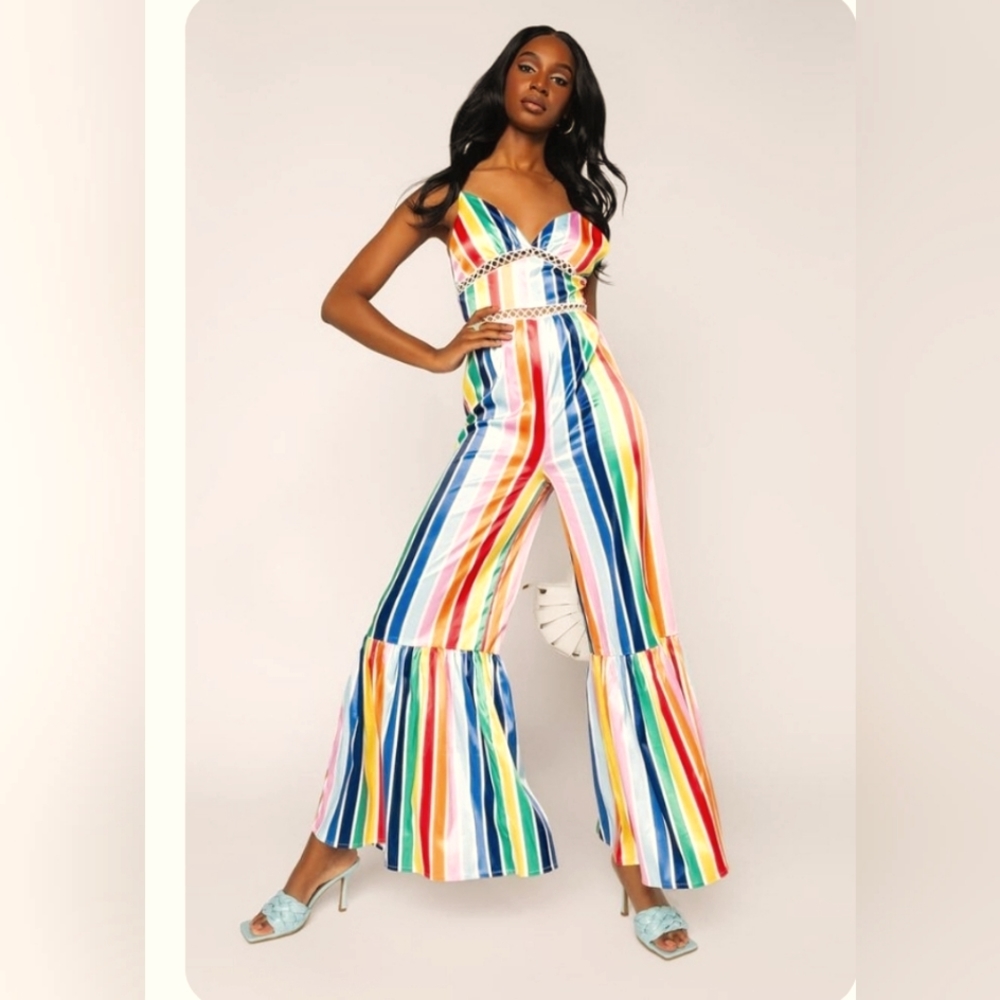 Striped Rainbow Ruffle-Hem Jumpsuit - Multi